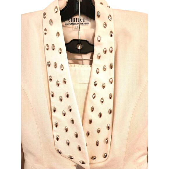 Vintage Chetta B Cream Skirt Suit Silver Grommet Trim Power Blazer & Skirt Sz 8 - Picture 6 of 8